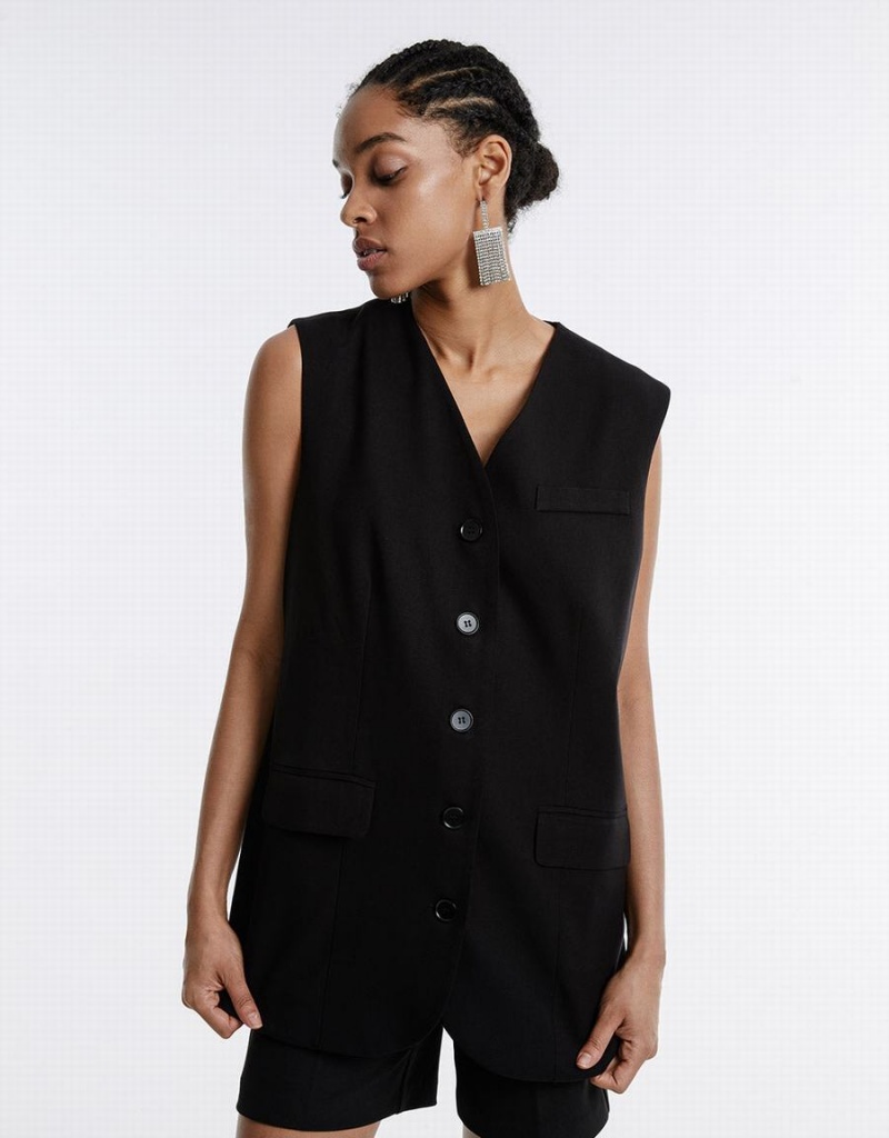 Urban Revivo Plain Button Up Women's Vest Black | XNR3023CO