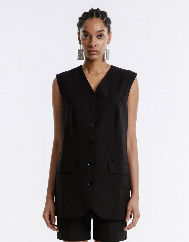 Urban Revivo Plain Button Up Women\'s Vest Black | XNR3023CO