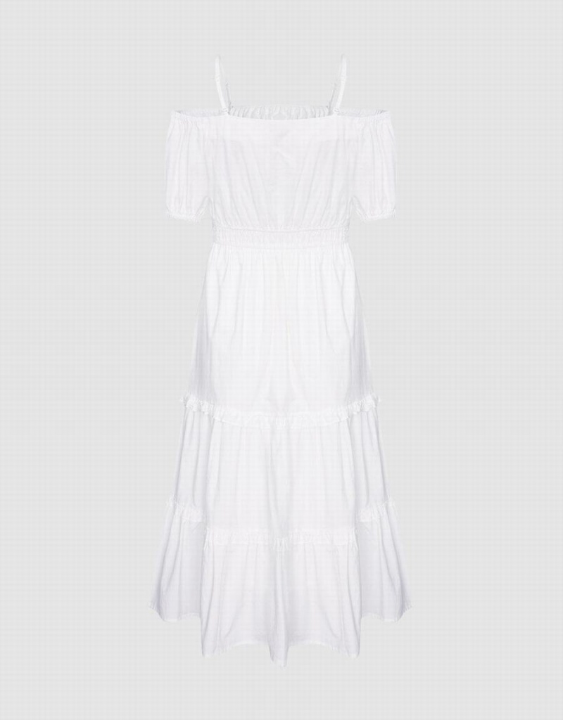 Urban Revivo Plain Cold Shoulder Tiered Midi Women's Dress White | IFQ5896XJ