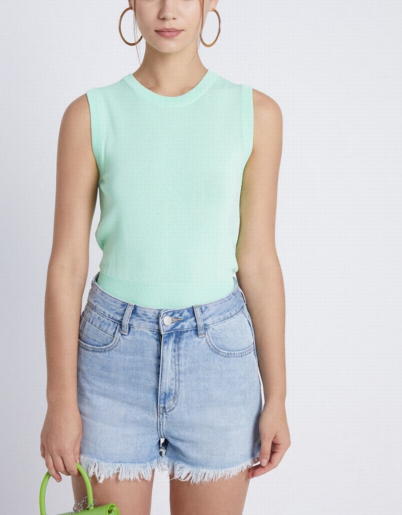 Urban Revivo Plain Crew Neck Knitted Women's Tank Top Green | UJQ8995XN