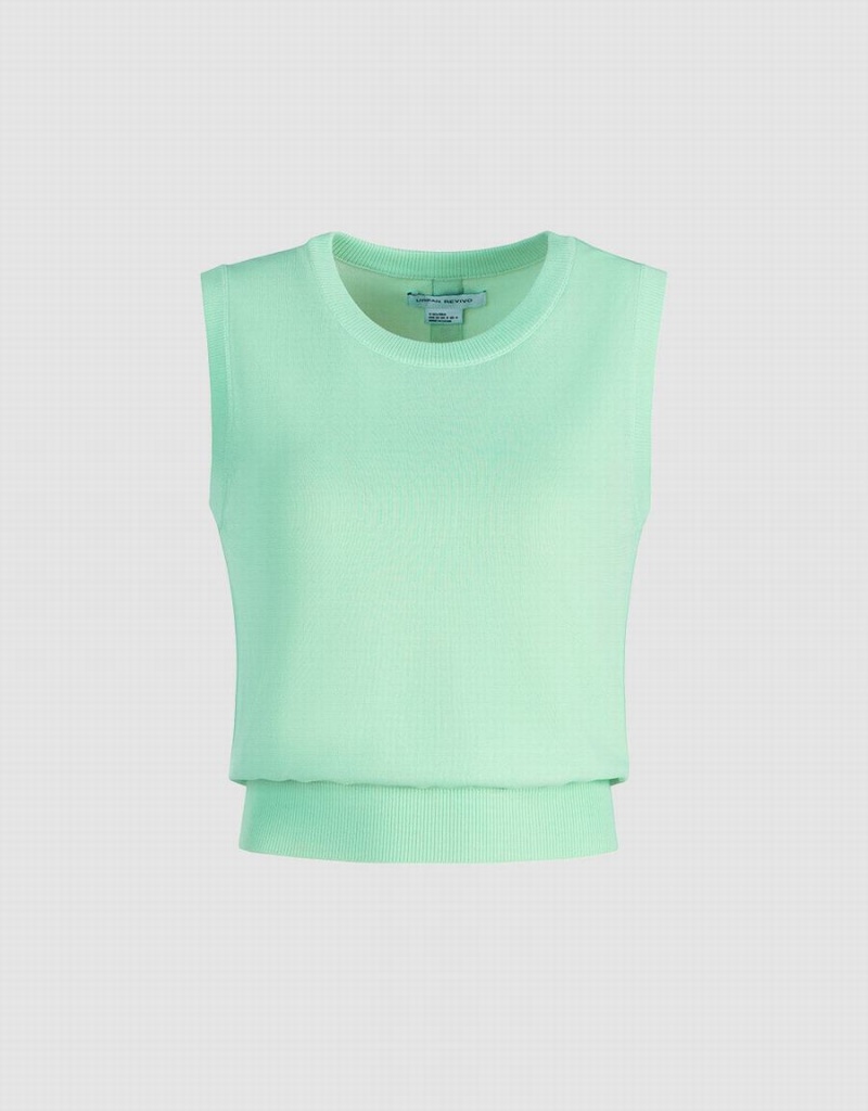 Urban Revivo Plain Crew Neck Knitted Women\'s Tank Top Green | UJQ8995XN