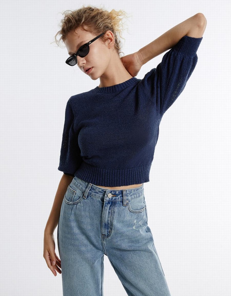 Urban Revivo Plain Cropped Women's Sweaters Blue | ZMB2036HC