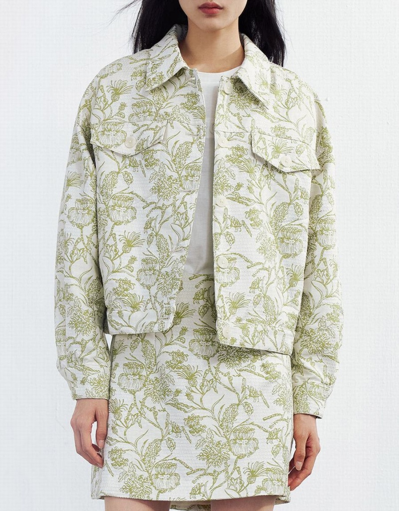 Urban Revivo Plant Print Button Up Women's Jackets Green | KXL720YK