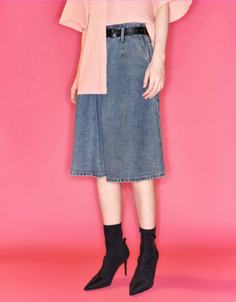 Urban Revivo Pleated Denim With Belt Women's Skirts Blue | UVA5998DP