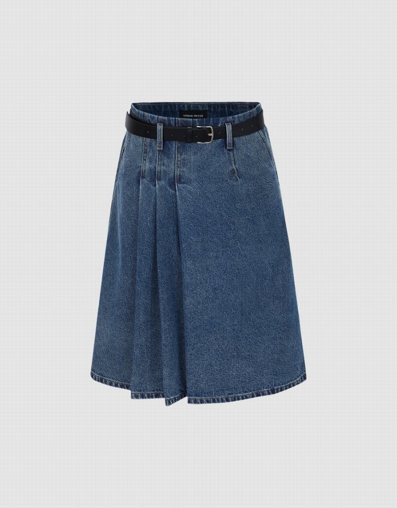 Urban Revivo Pleated Denim With Belt Women\'s Skirts Blue | UVA5998DP