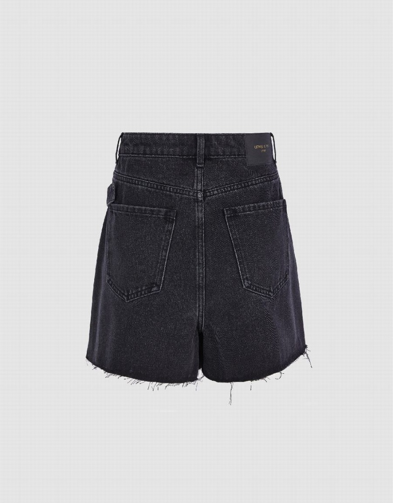 Urban Revivo Pleated Denim With Belt Women's Shorts Black | CZH4047VM