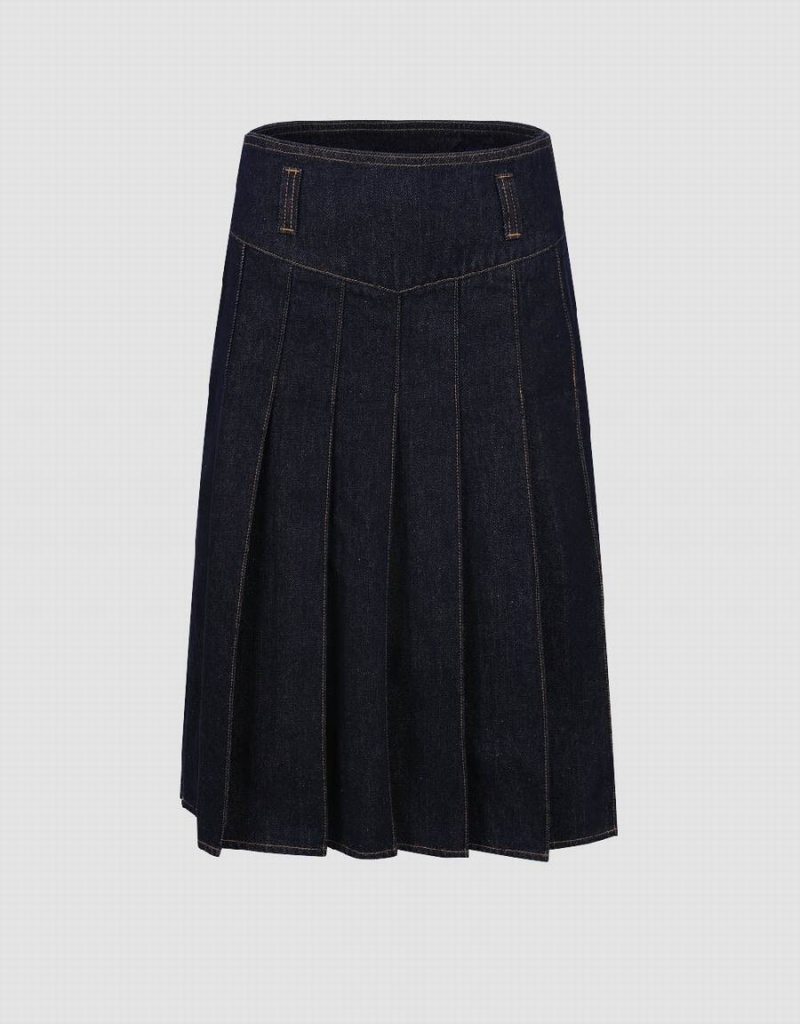 Urban Revivo Pleated Midi A-Line Denim Women\'s Skirts Blue | HEO2837IX