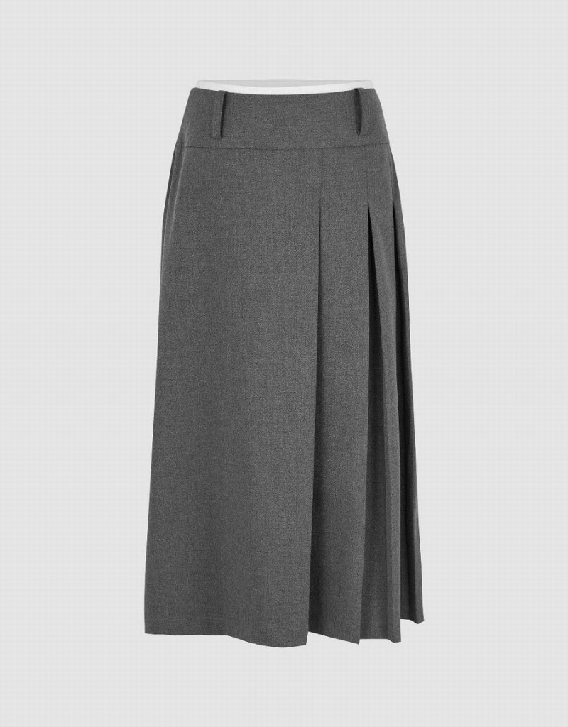 Urban Revivo Pleated Midi A-Line Women\'s Skirts Dark Grey | RQS1637FU