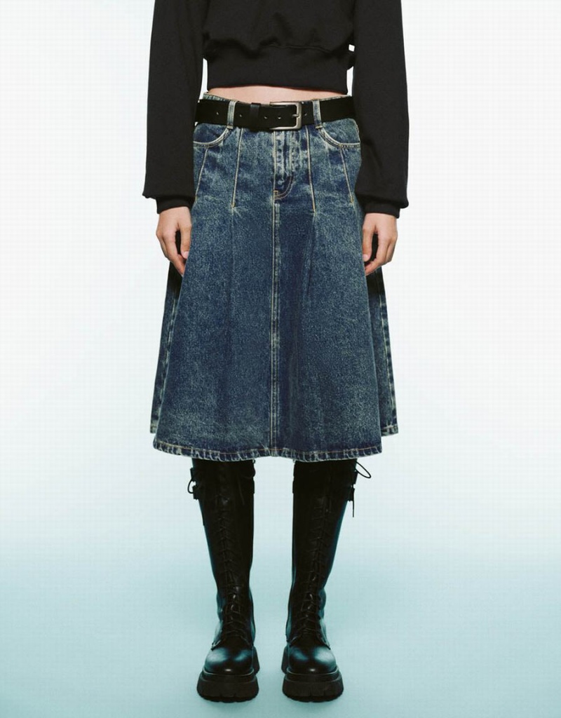 Urban Revivo Pleated Mini A-Line Denim Women's Skirts Blue | XOM9588OJ