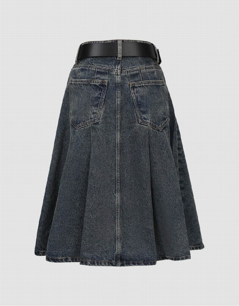 Urban Revivo Pleated Mini A-Line Denim Women's Skirts Blue | XOM9588OJ