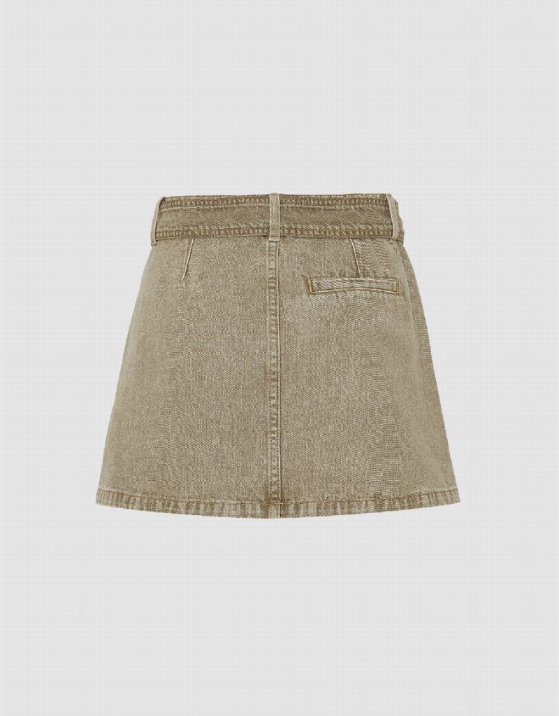 Urban Revivo Pleated Mini A-Line Denim Women's Skirts Khaki | XGV482FX