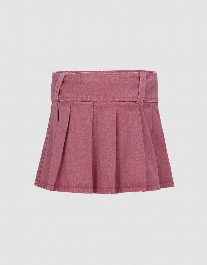 Urban Revivo Pleated Mini A-Line Denim Women's Skirts Rose Red | LQG6858GM