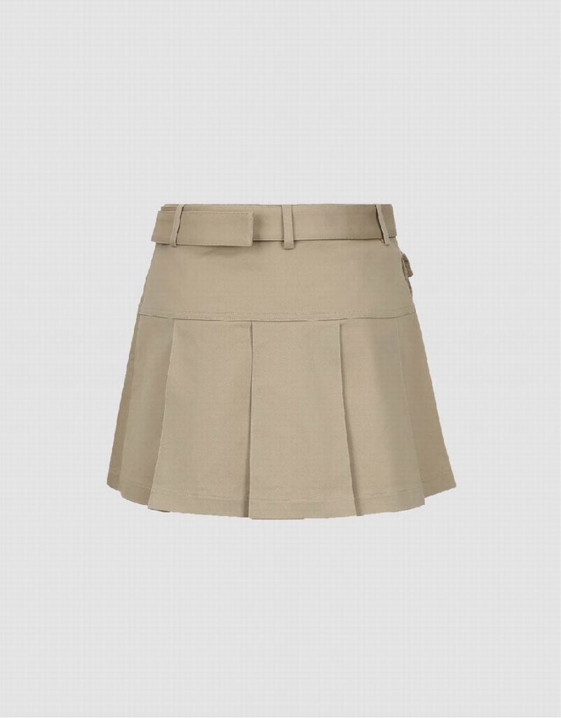 Urban Revivo Pleated Mini A-Line With Belt Women's Skirts Khaki | XJG5235IE