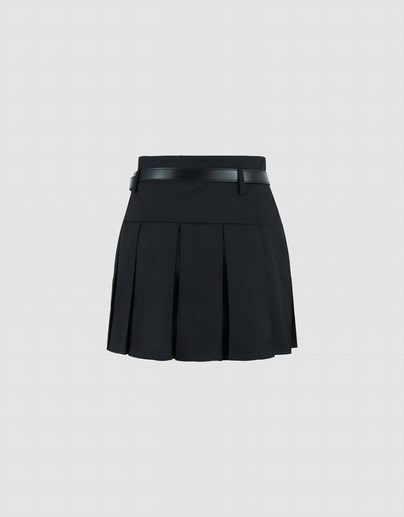 Urban Revivo Pleated Mini A-Line With Belt Women's Skirts Black | KIX5471WP