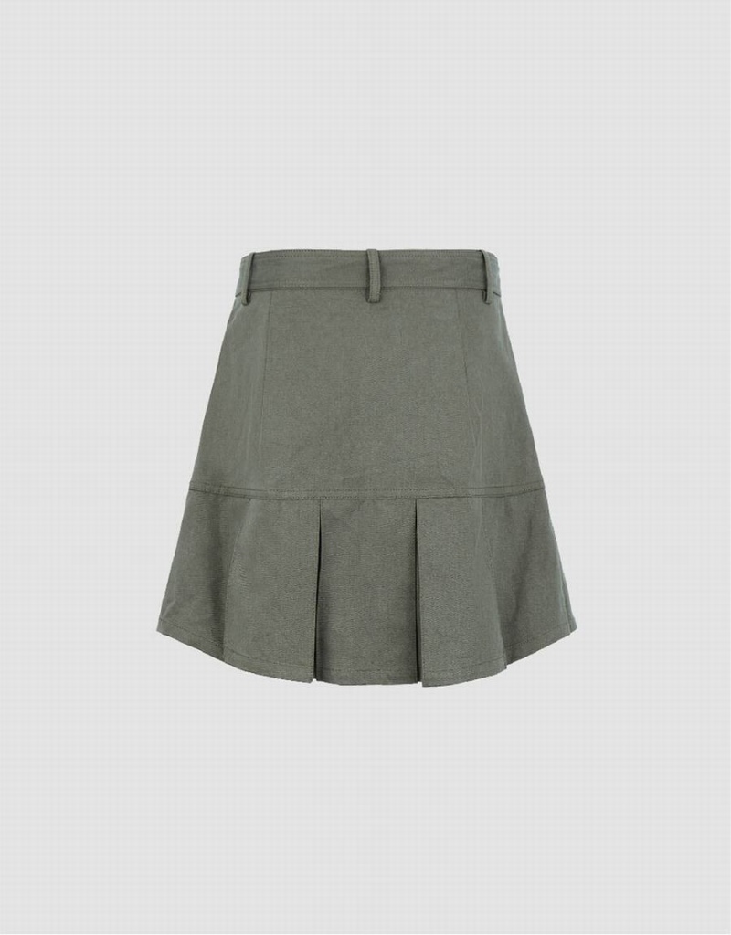 Urban Revivo Pleated Mini A-Line With Belt Women's Skirts Green | PZL889BF