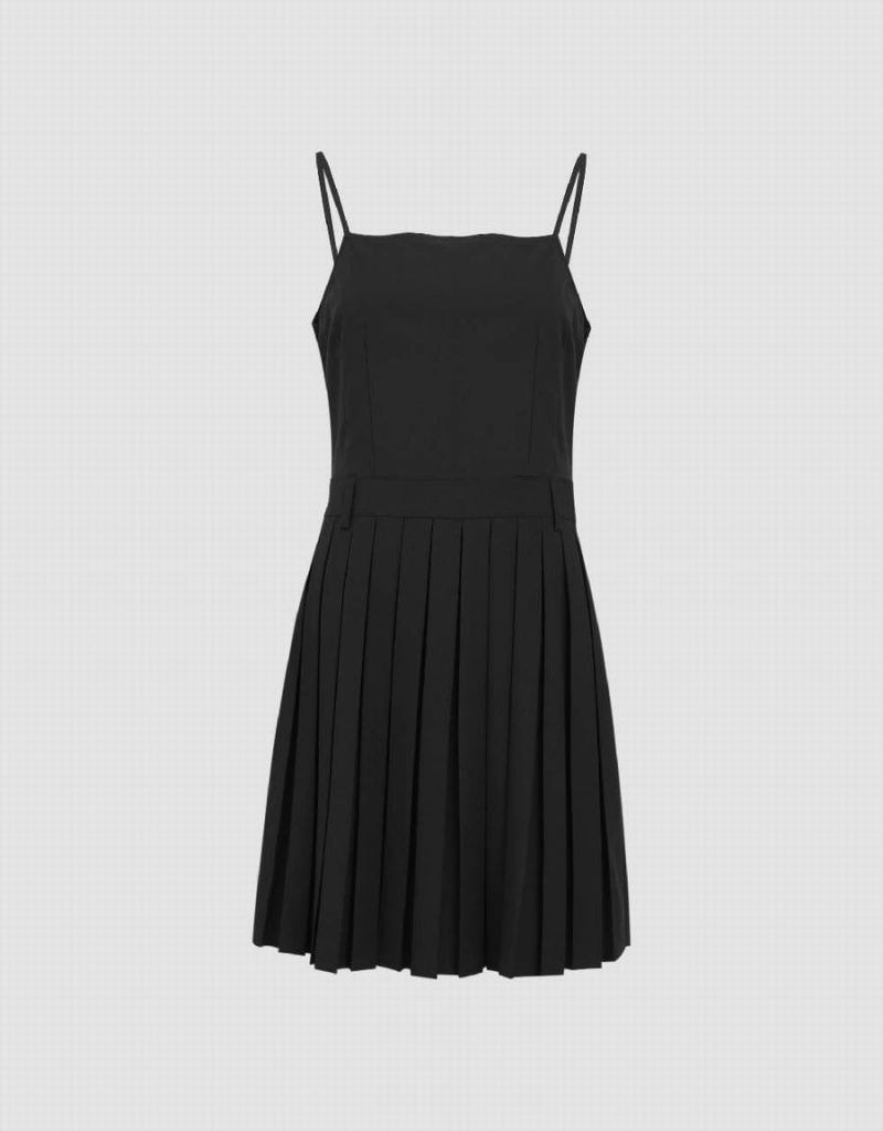 Urban Revivo Pleated Square-cut Collar Straight Cami Women's Dress Black | LIB3827SF