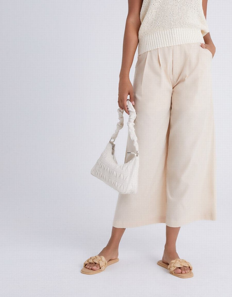 Urban Revivo Pleated Wide Leg Cropped Women's Pants Khaki | TGE629DE