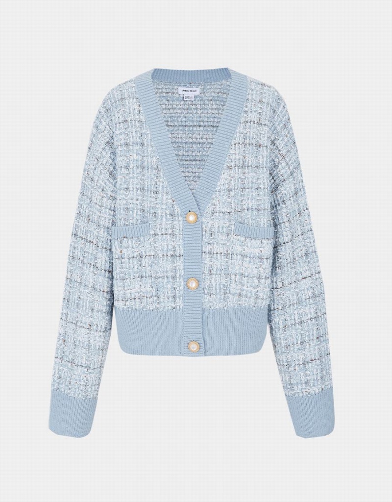 Urban Revivo Pocket Tweed Plaid Women's Cardigan Light Blue | EIR9517FS