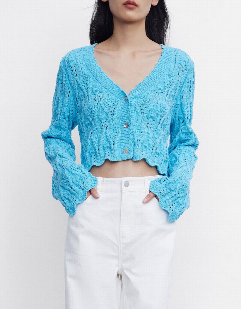 Urban Revivo Pointelle Button Up Women's Cardigan Blue | ATL1585XV