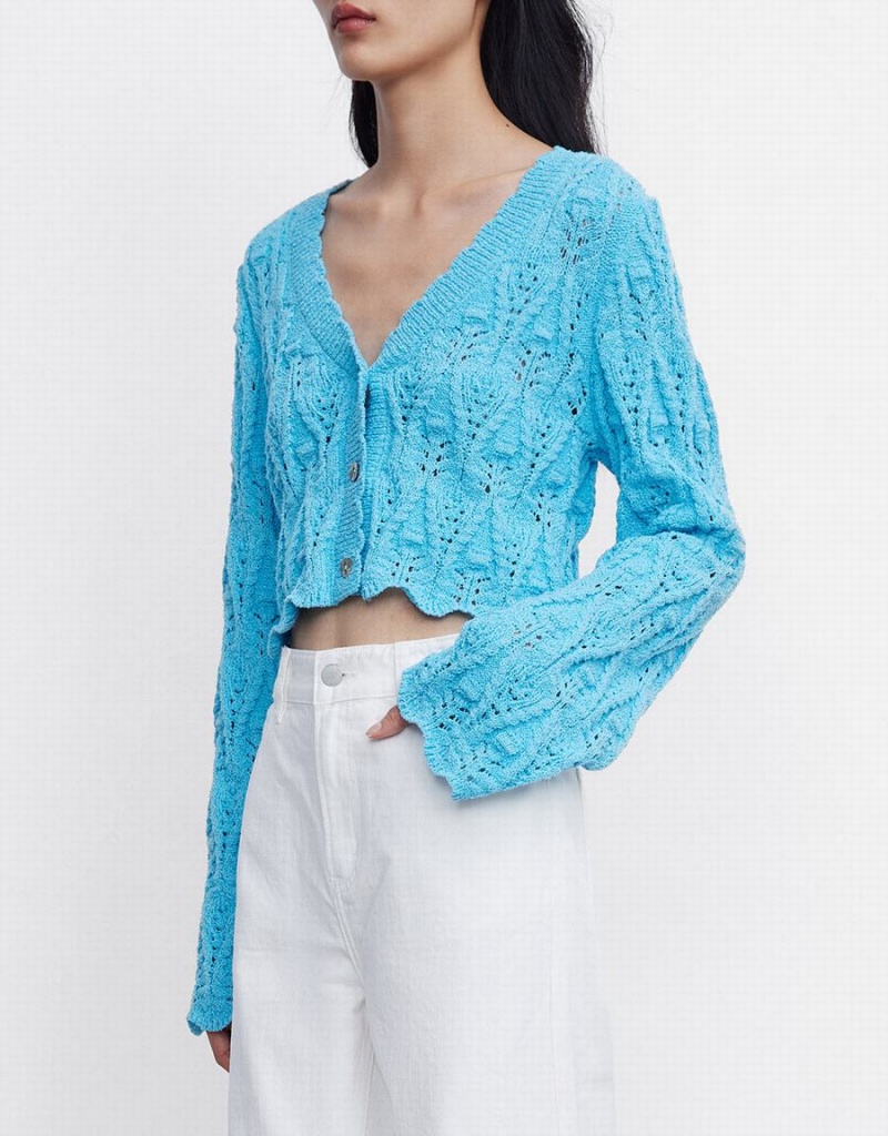 Urban Revivo Pointelle Button Up Women's Cardigan Blue | ATL1585XV