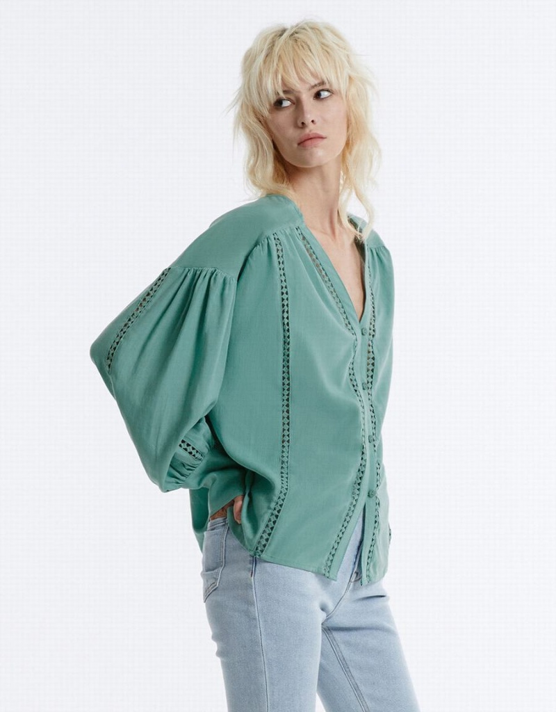 Urban Revivo Pointelle Buttoned Women's Shirts Green | TQH8983HI