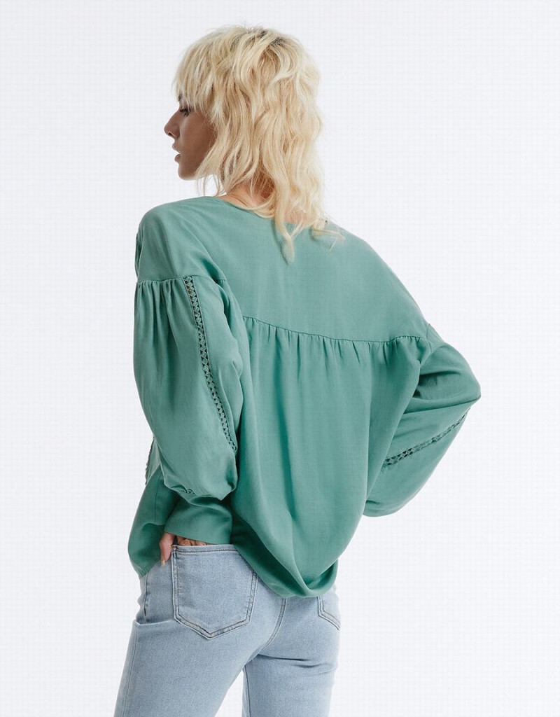 Urban Revivo Pointelle Buttoned Women's Shirts Green | TQH8983HI