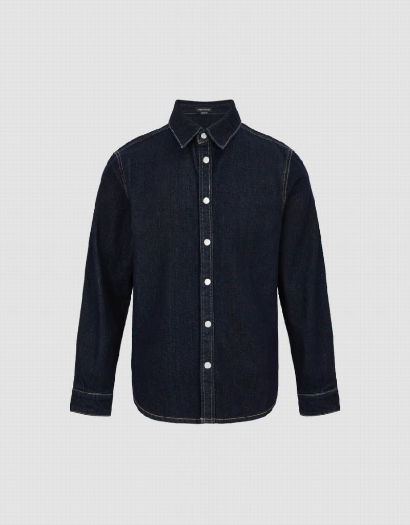 Urban Revivo Press Button Denim Men's Shirts Blue | LOX8167HK