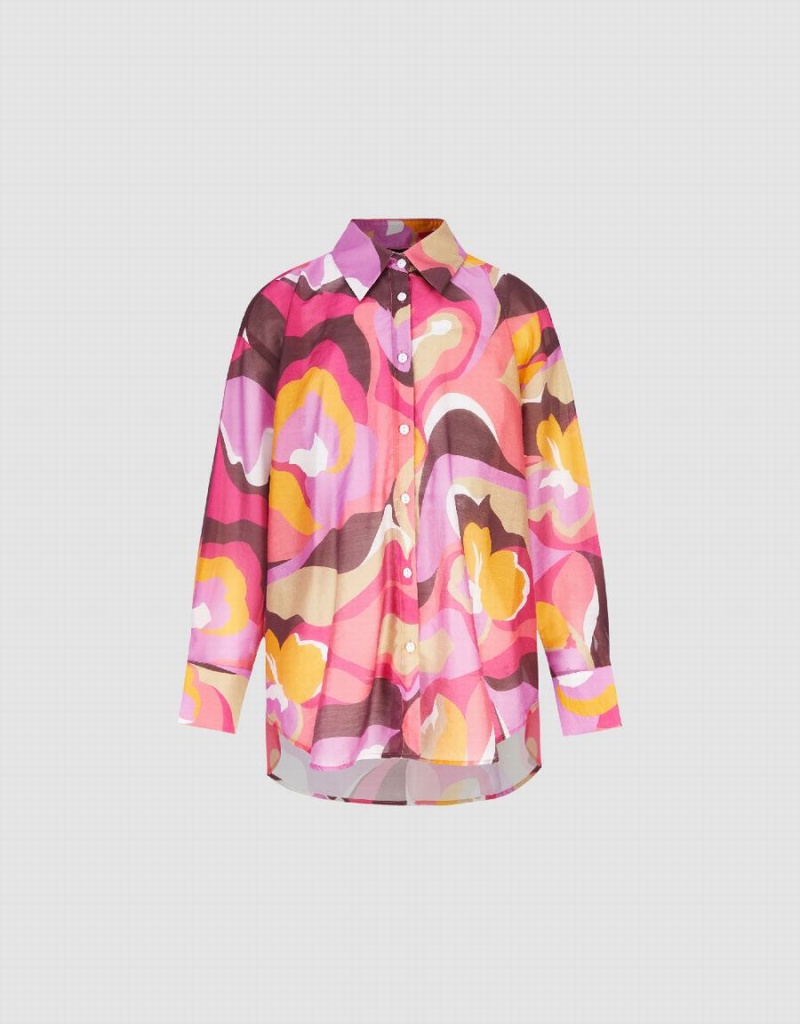 Urban Revivo Printed Button Up Lapel Women's Shirts Pink Multicolor | EGR522EZ