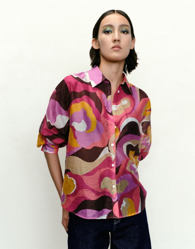 Urban Revivo Printed Button Up Lapel Women's Shirts Pink Multicolor | EGR522EZ