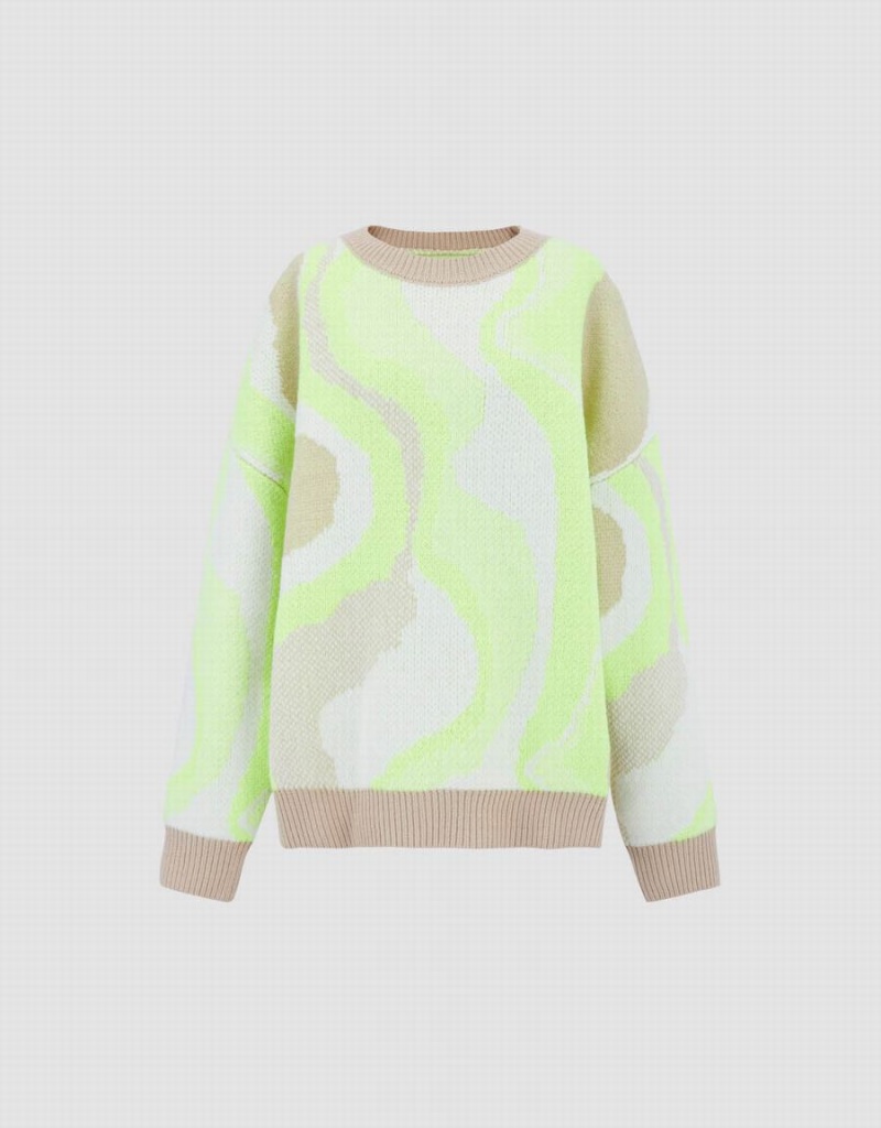 Urban Revivo Printed Crew Neck Knitted Women's Cardigan Green White | DEI65AE