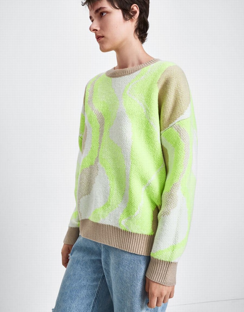 Urban Revivo Printed Crew Neck Knitted Women's Cardigan Green White | DEI65AE