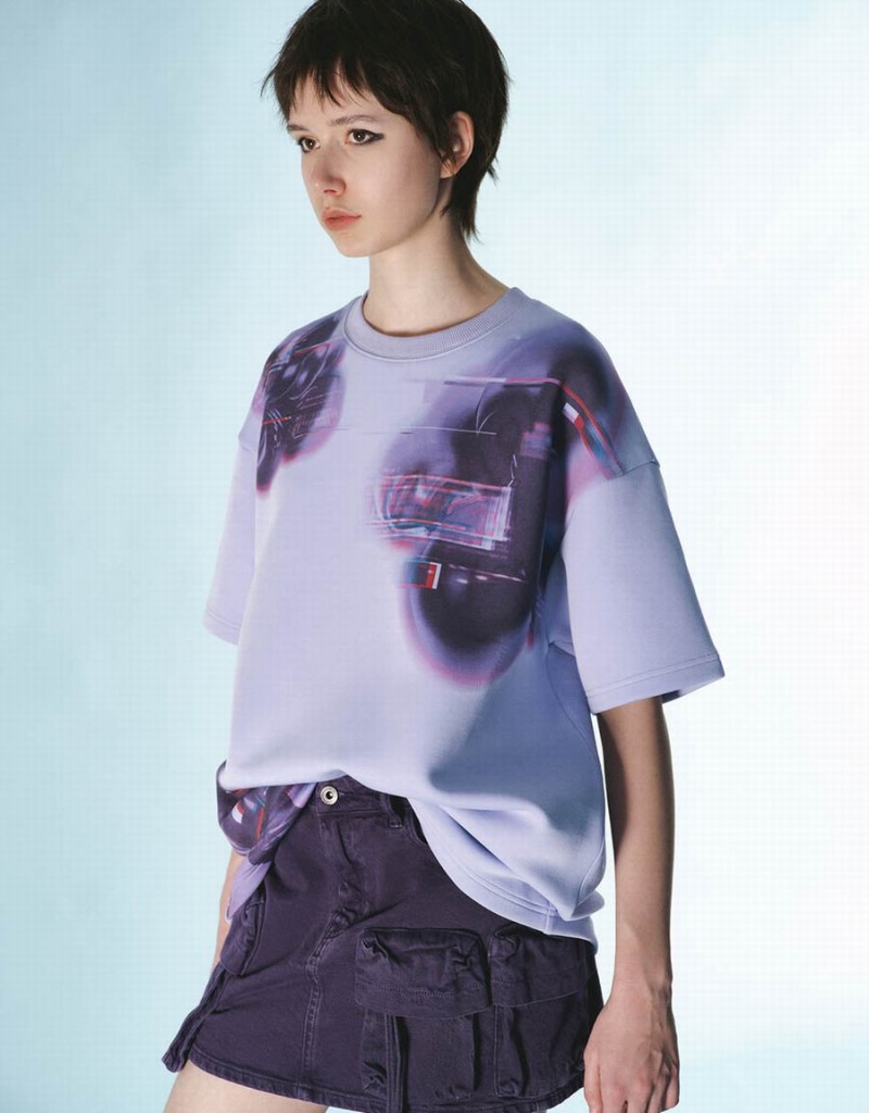 Urban Revivo Printed Crew Neck Loose Women's T Shirts Purple | AMN7078WY