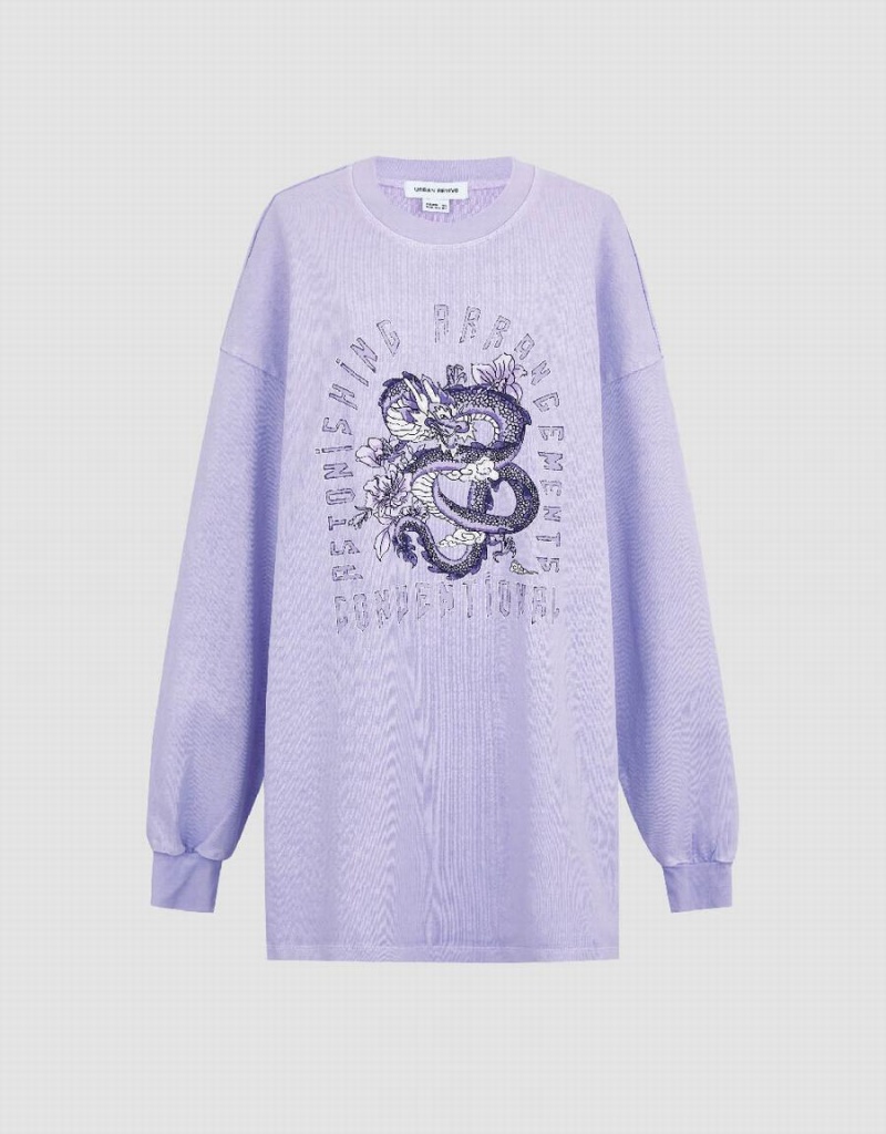 Urban Revivo Printed Crew Neck Loose Women's T Shirts Purple | TVE7666MT