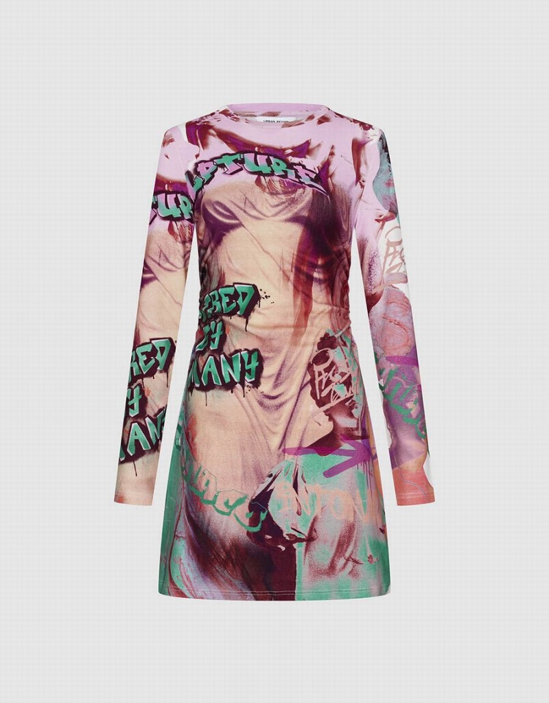 Urban Revivo Printed Crew Neck Skinny Women's Dress Pink Multicolor | QPU4458VZ