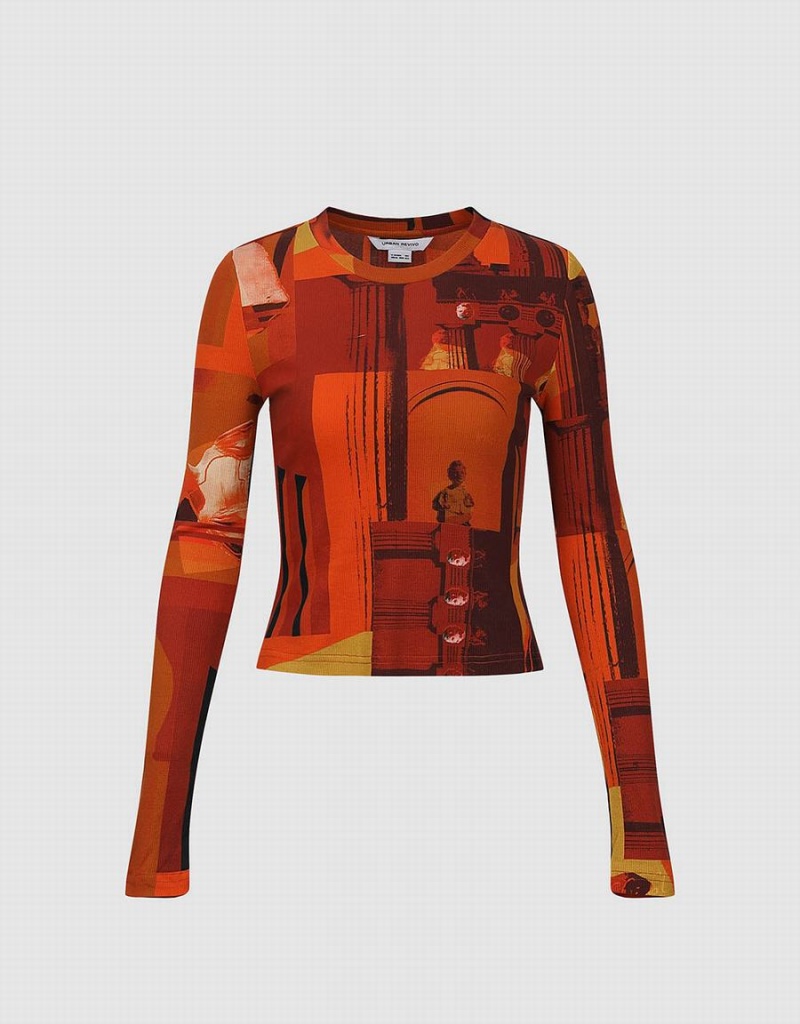 Urban Revivo Printed Crew Neck Skinny Women's Sweatshirts Orange | TRR3829BY