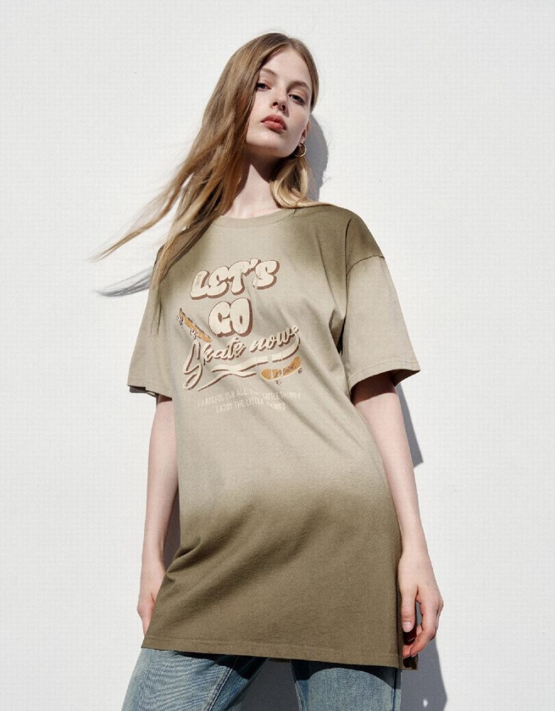 Urban Revivo Printed Crew Neck Straight Women's Dress Khaki | JTO319WN