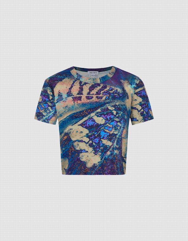 Urban Revivo Printed Crew Neck Women's T Shirts Blue Multicolor | BQB6415XH