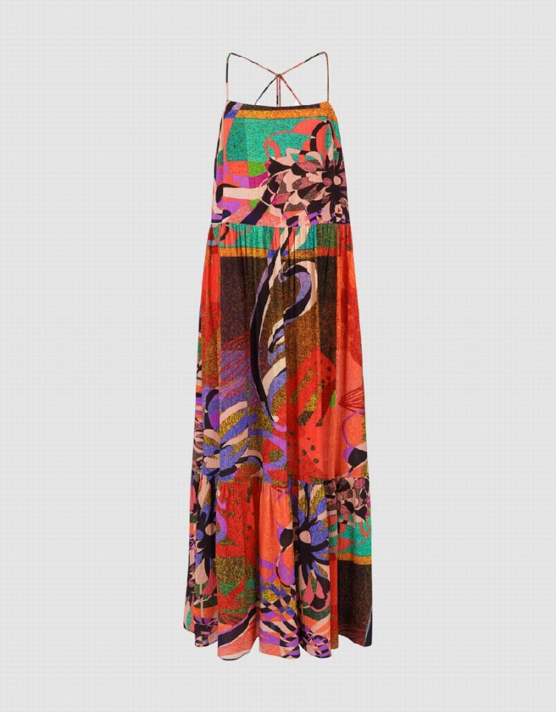 Urban Revivo Printed Halter Neck A-Line Women's Dress Red Multicolor | HTO952FS