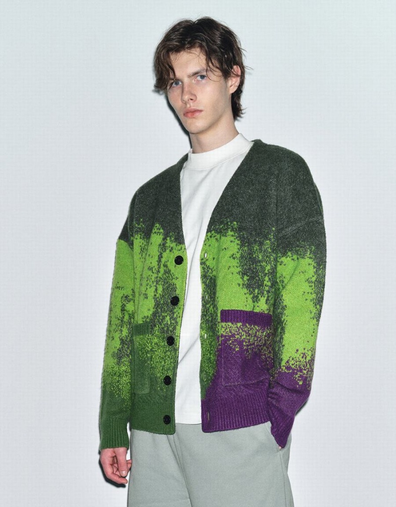 Urban Revivo Printed Knitted Men's Cardigan Green Purple | WLK5127KI