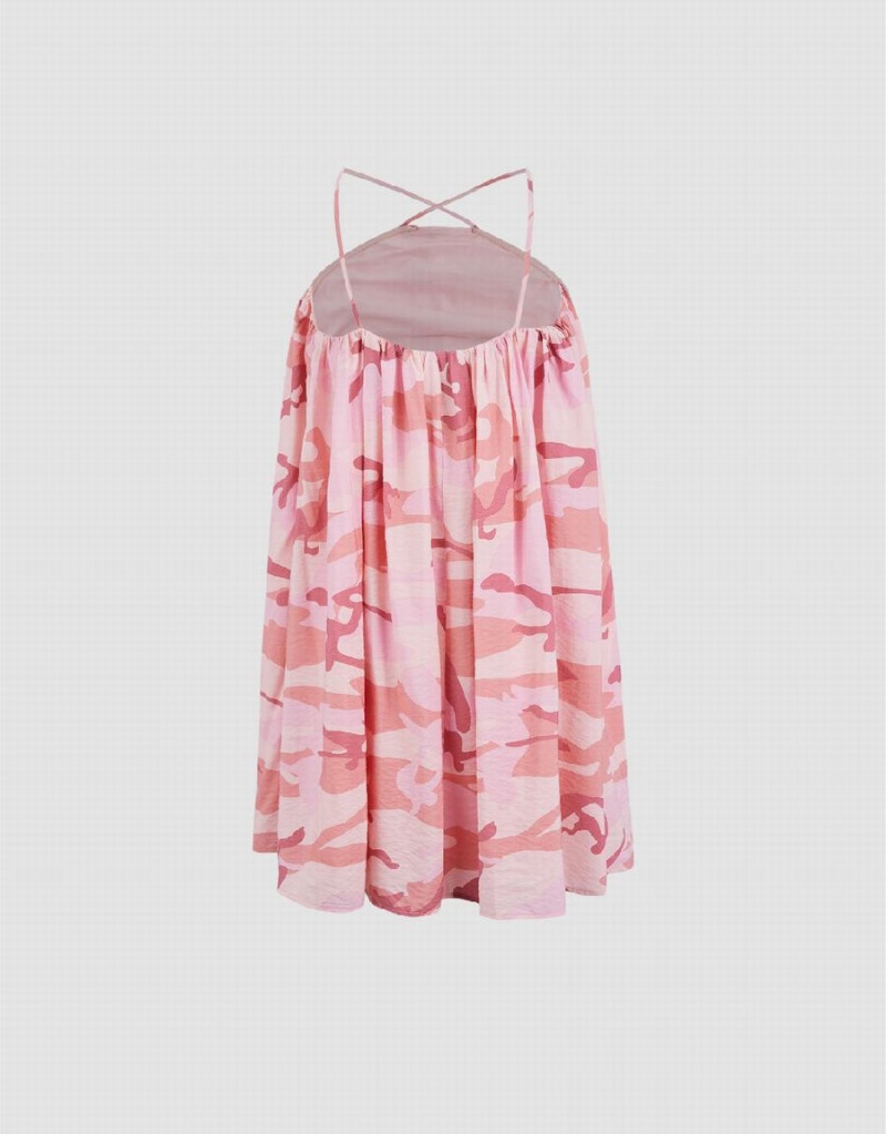 Urban Revivo Printed Sleeveless V-Neck A-Line Women's Dress Pink White | MWQ7892UF