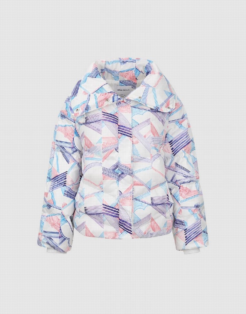 Urban Revivo Printed Stand Collar Padded Women's Coats Purple Multicolor | TAY4660RJ