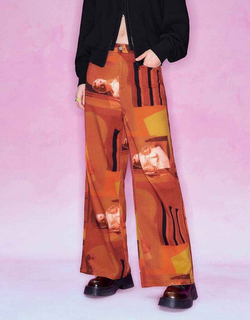 Urban Revivo Printed Straight Women's Pants Orange | LRN3628HK