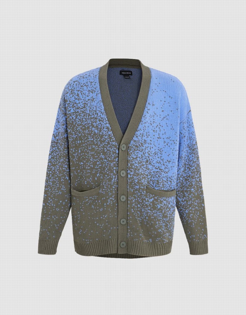 Urban Revivo Printed V-Neck Knitted Men's Cardigan Blue Multicolor | IUD2055ZF