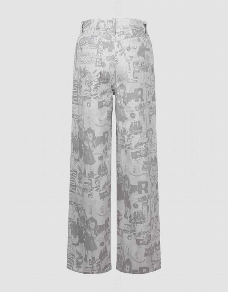 Urban Revivo Printed Wide-Leg Women's Jeans White | YRT2740IZ