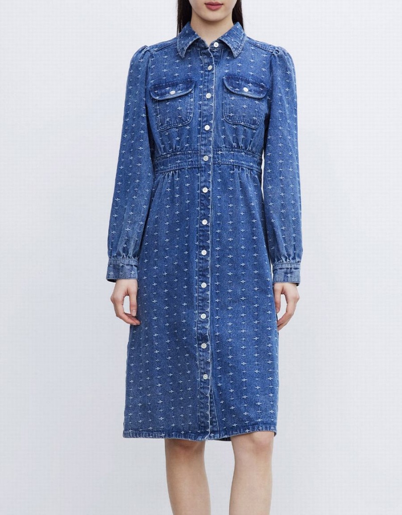 Urban Revivo Puff Sleeve Button Up Denim Women's Dress Blue | SFG883JC