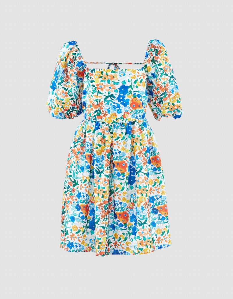 Urban Revivo Puff Sleeve Floral Print Women\'s Dress Blue | HCW541ES