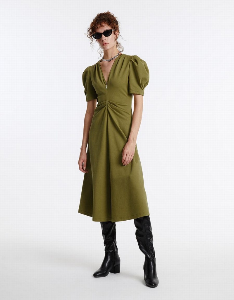 Urban Revivo Puff Sleeve Ruched Women's Dress Green | JOP1691FU