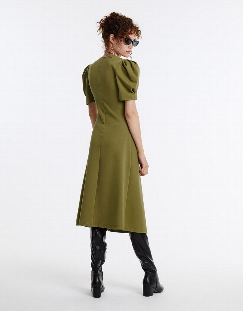 Urban Revivo Puff Sleeve Ruched Women's Dress Green | JOP1691FU