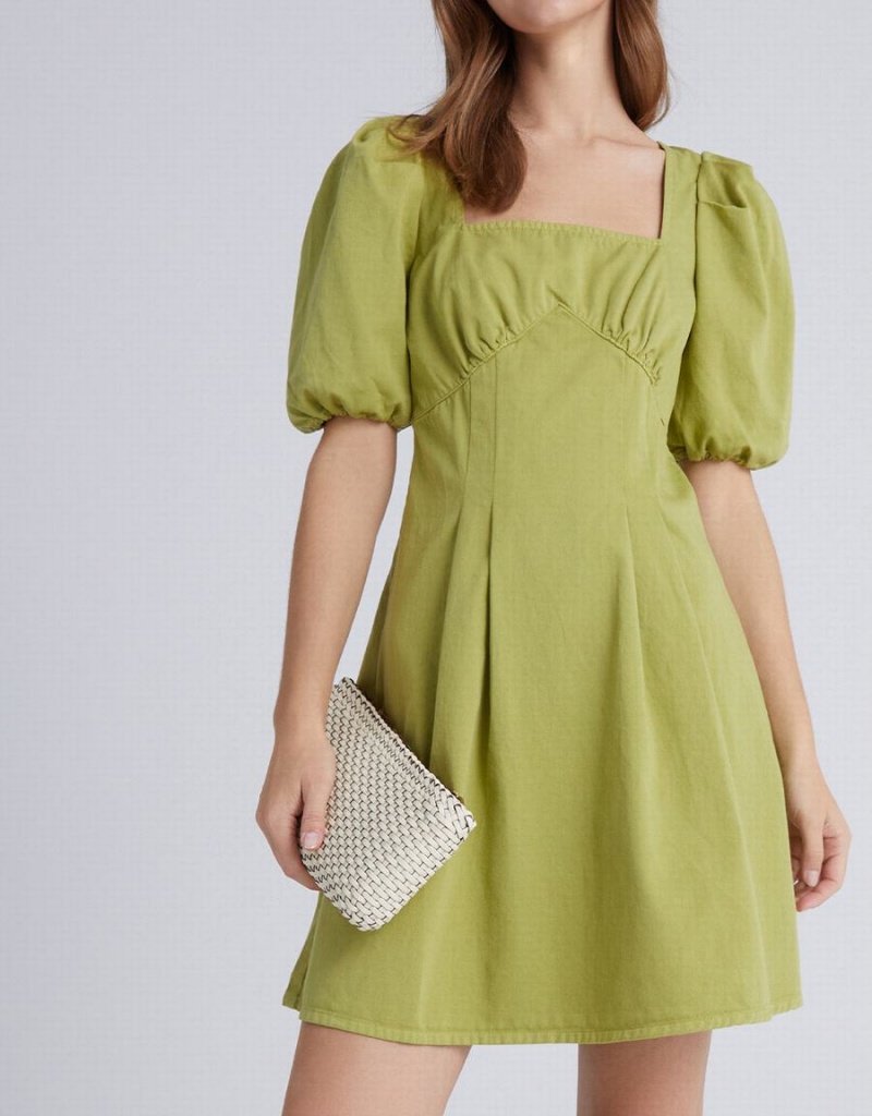 Urban Revivo Puff Sleeve Square Neck Denim Women's Dress Green | AHQ3870ZF