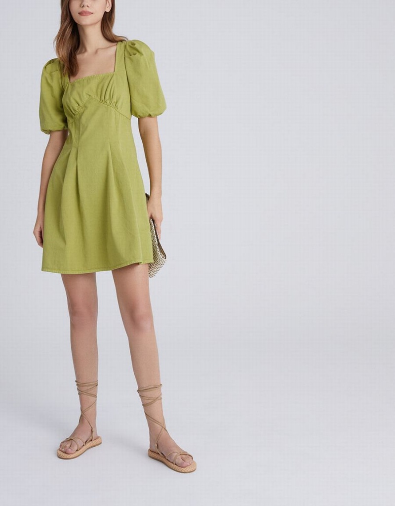 Urban Revivo Puff Sleeve Square Neck Denim Women's Dress Green | AHQ3870ZF